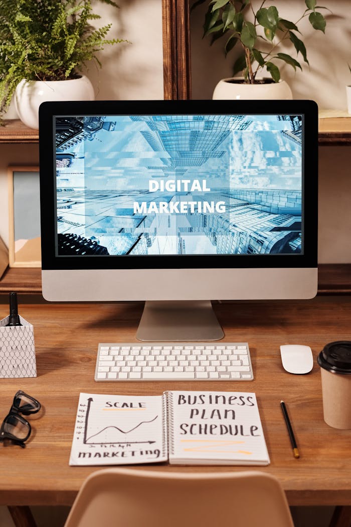 Home Contemporary office setup featuring digital marketing strategy on a computer screen, ideal for business technology themes.